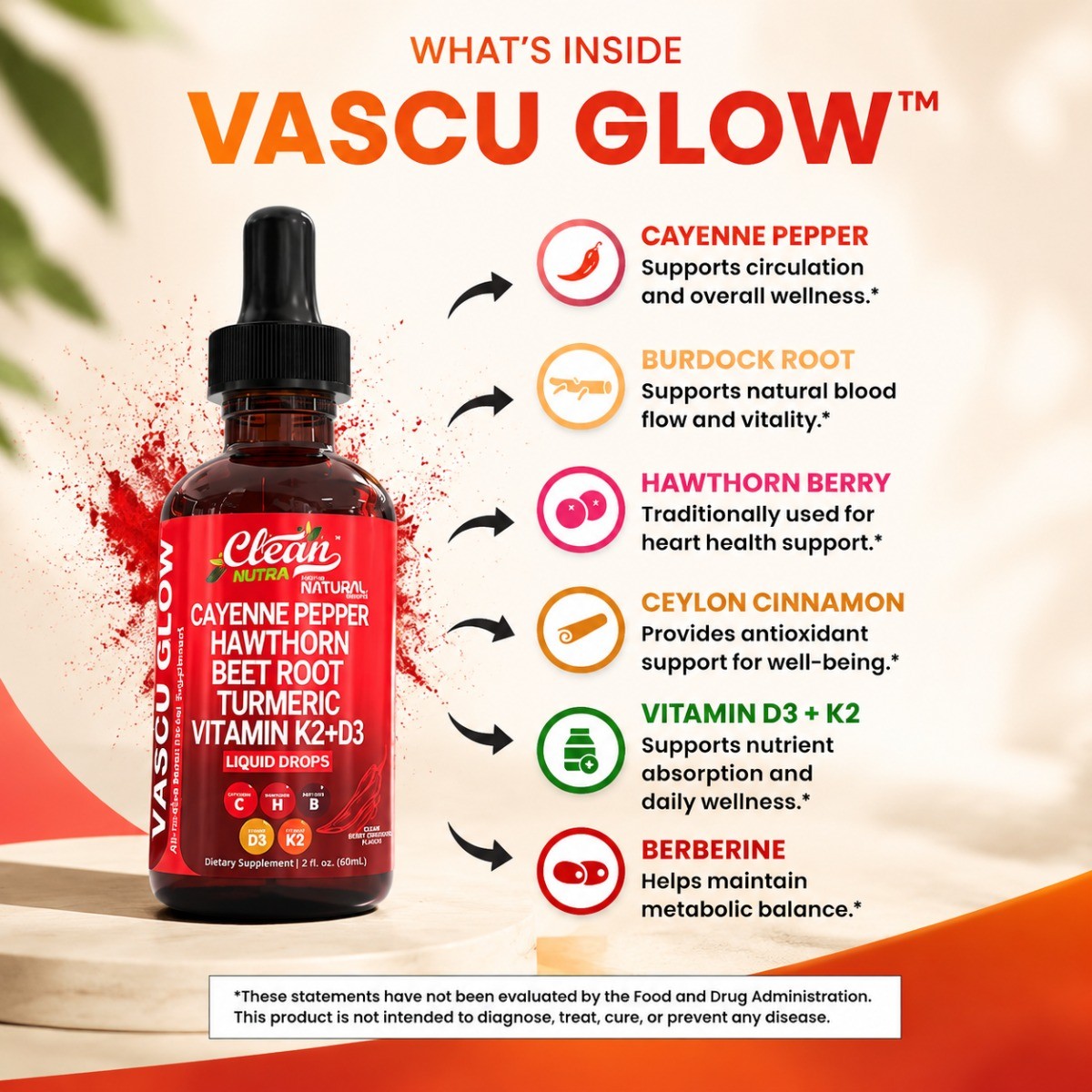 Clean Nutra Cayenne Pepper Liquid Drops Hawthorn Beet Root K2 D3 Supplement