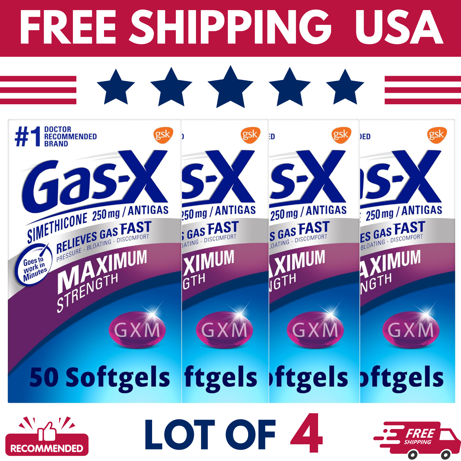 Gas-X Maximum Strength 250mg Simethicone Gas Relief 50 Ct Softgels Lot of 4