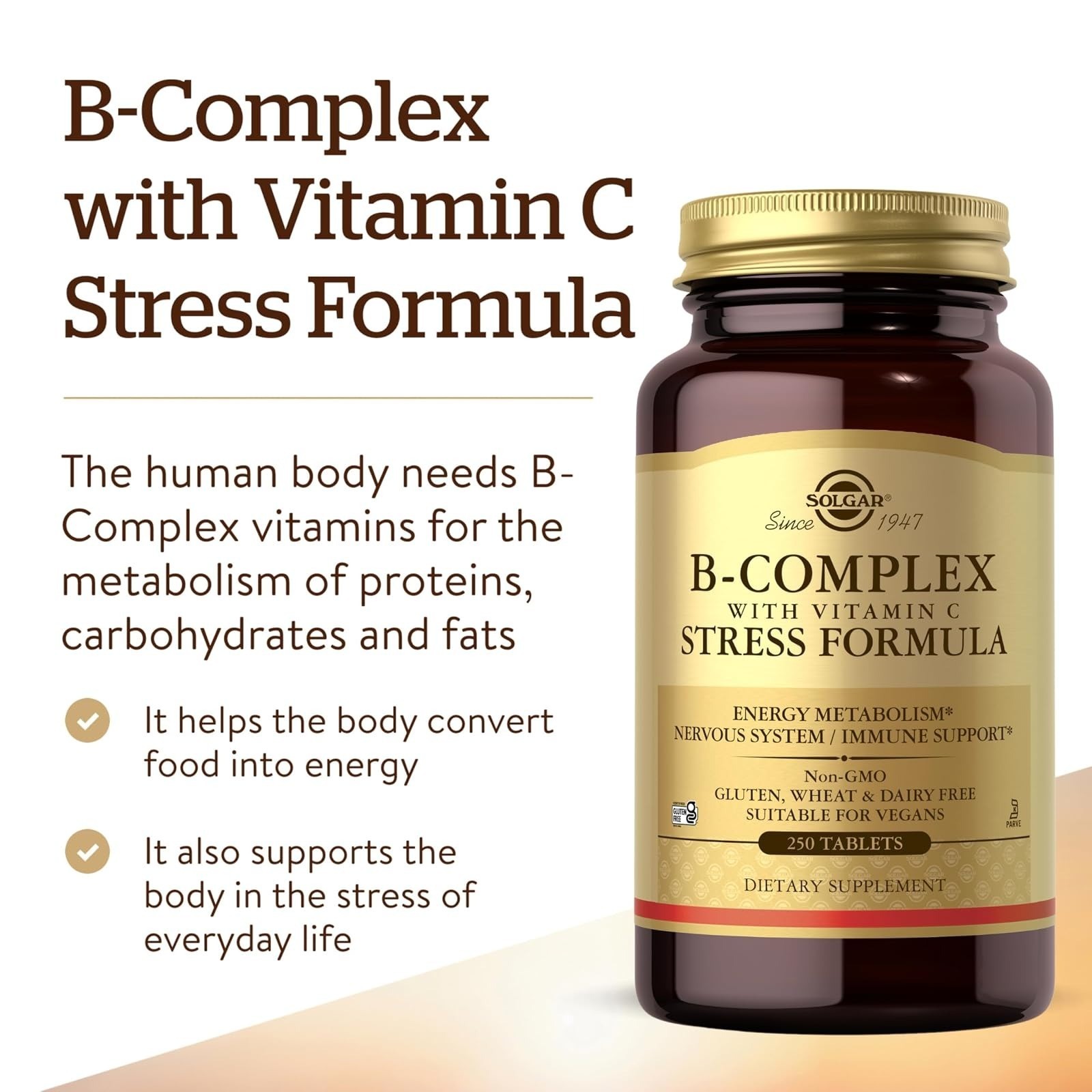 Solgar B-Complex with Vitamin C Stress Formula, 250 Tablets – Vegan, Gluten Free