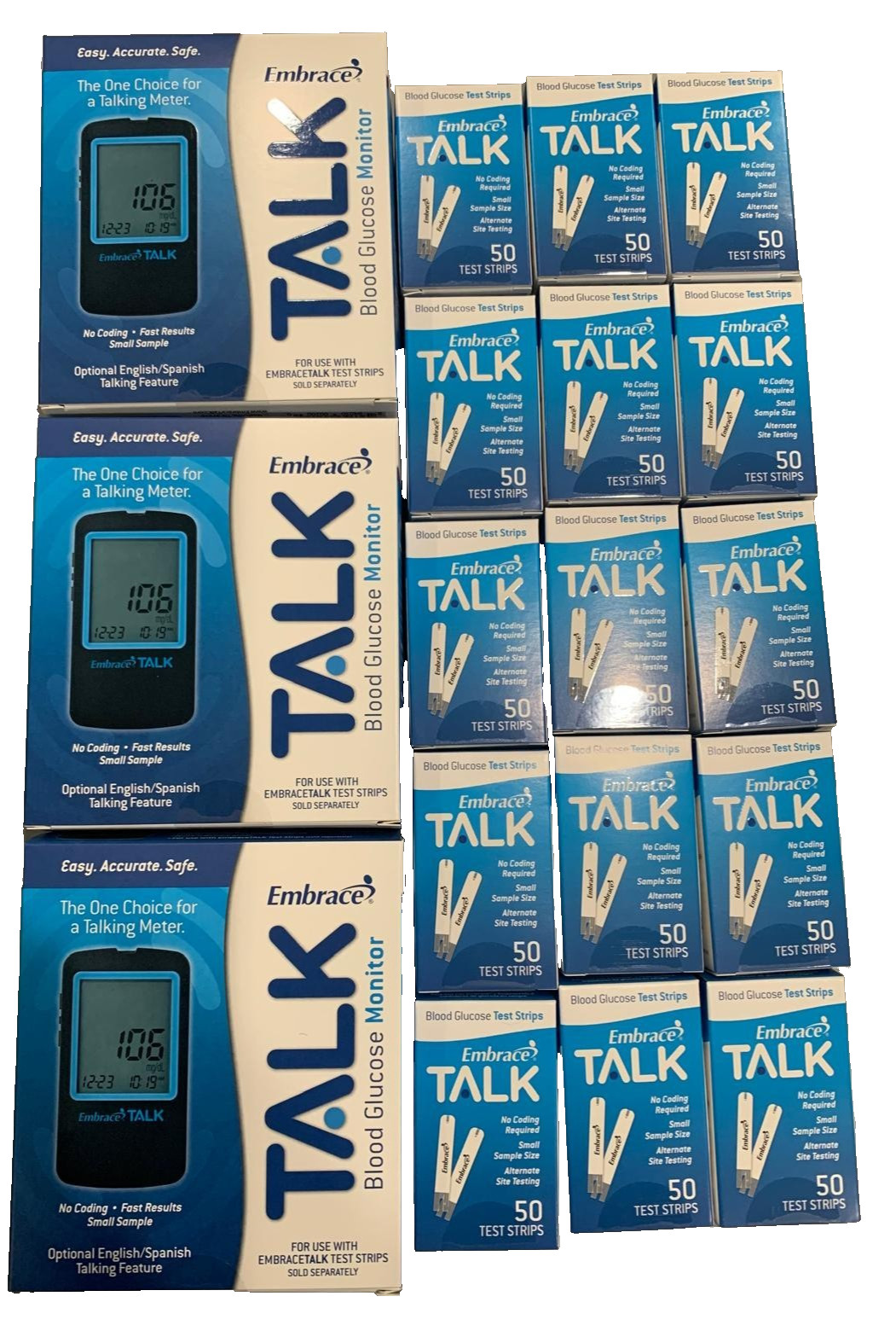 Embrace Blood Glucose Test Strips 15 BOXES 50 CT Plus 3 METERS Exp: 04/01/2027