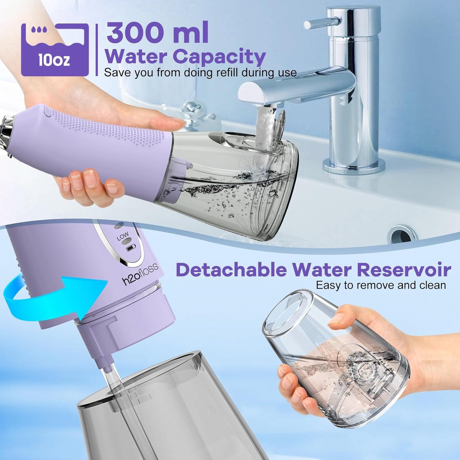 H2ofloss Cordless Water Flosser 300ML Rechargeable IPX7 Lavender