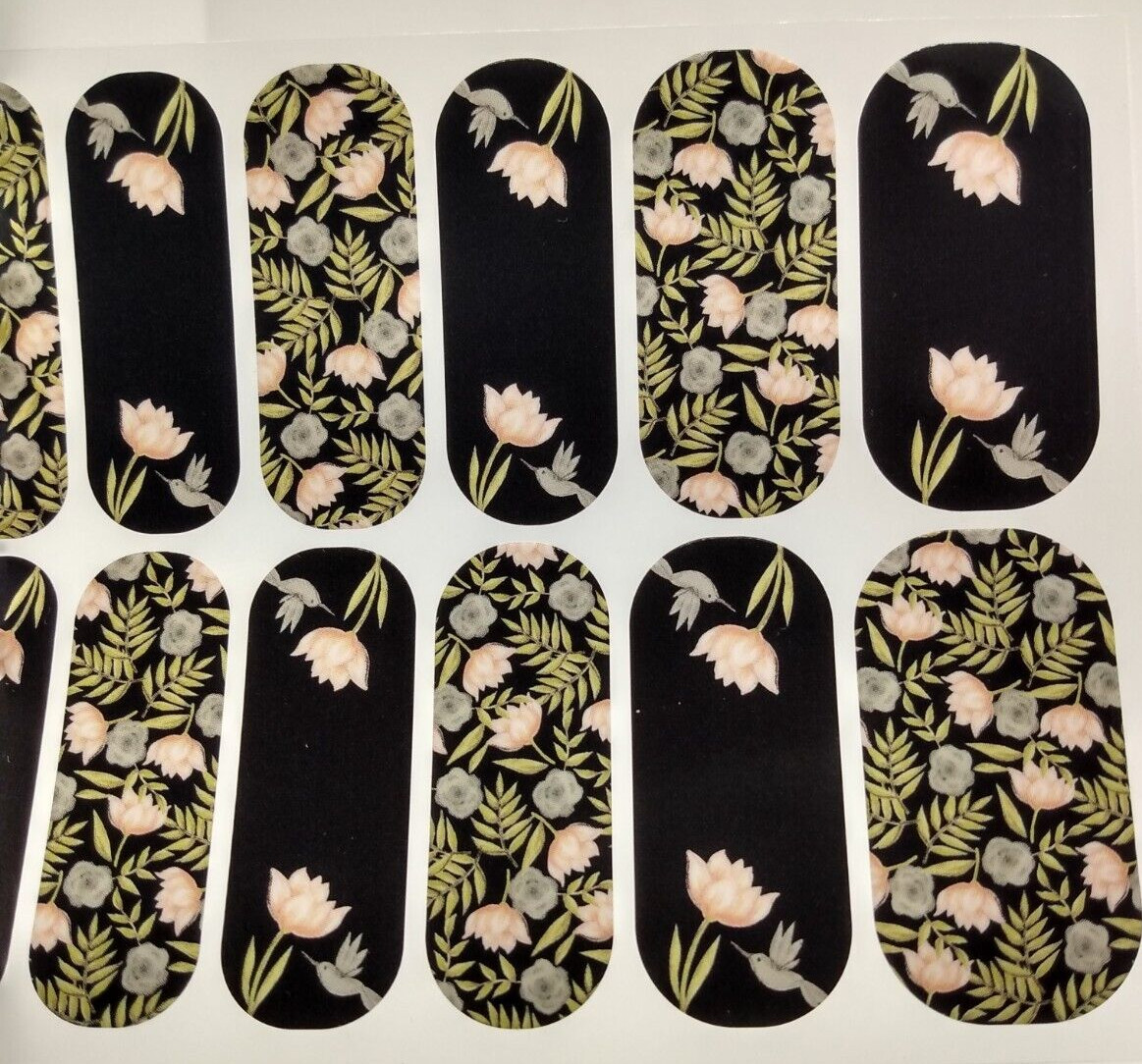 Jamberry Nail Wrap “Happily Humming” Black Hummingbird Pastel Floral Full Sheet