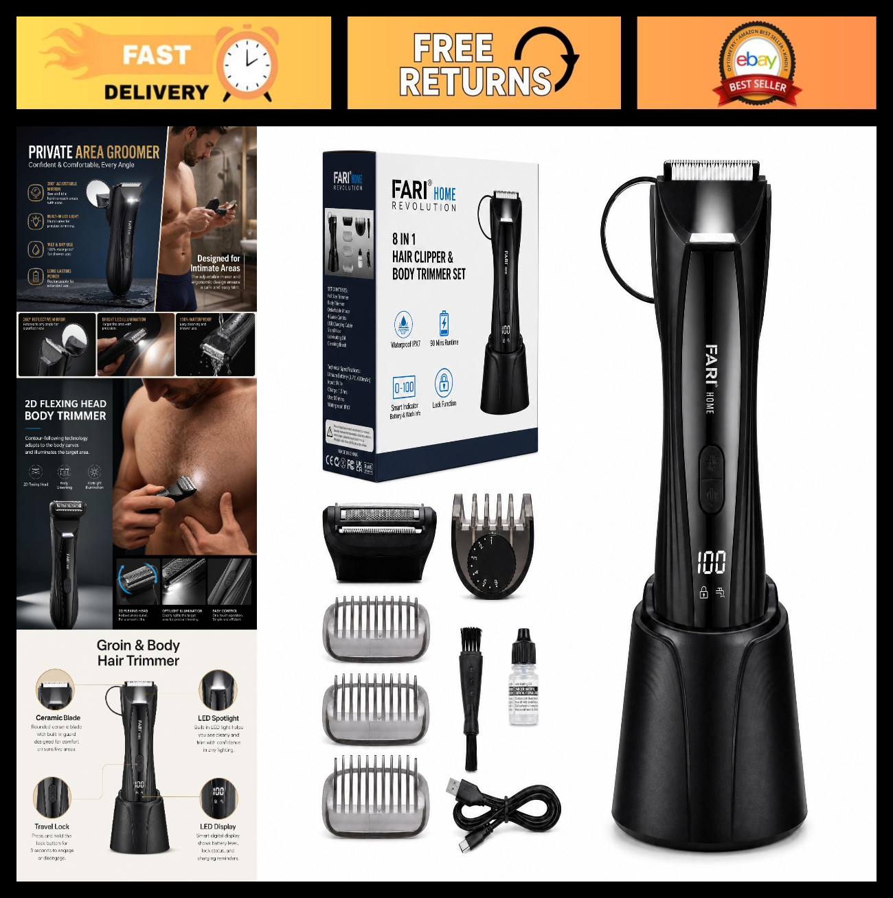 8-in-1 Electric Body & Beard Hair Trimmer, Waterproof Wet/Dry Clipper, LED Light