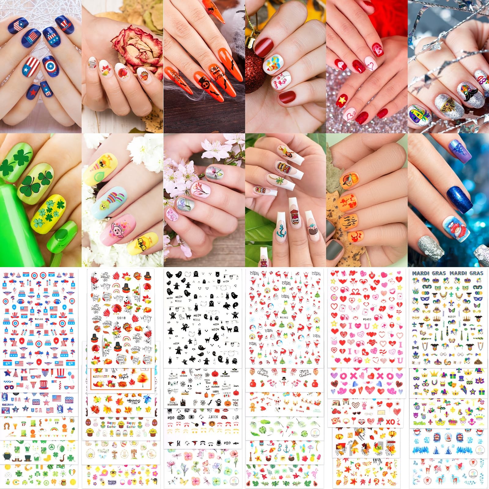 32 Sheets All Holiday Nail Art Stickers All Season Spring Summer Easter 4th of J