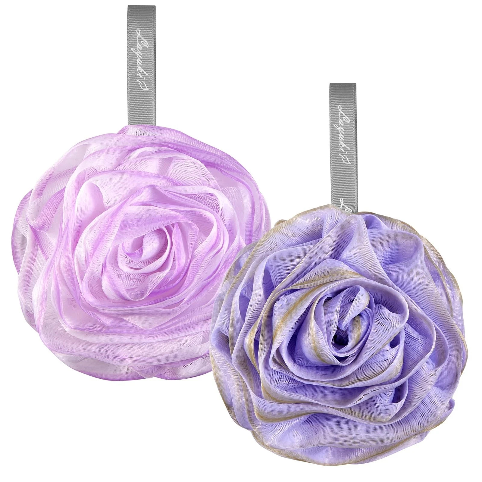 Rose-Shaped Bath Shower Loofah Set – 2 Body Scrubbers in Purple Grey