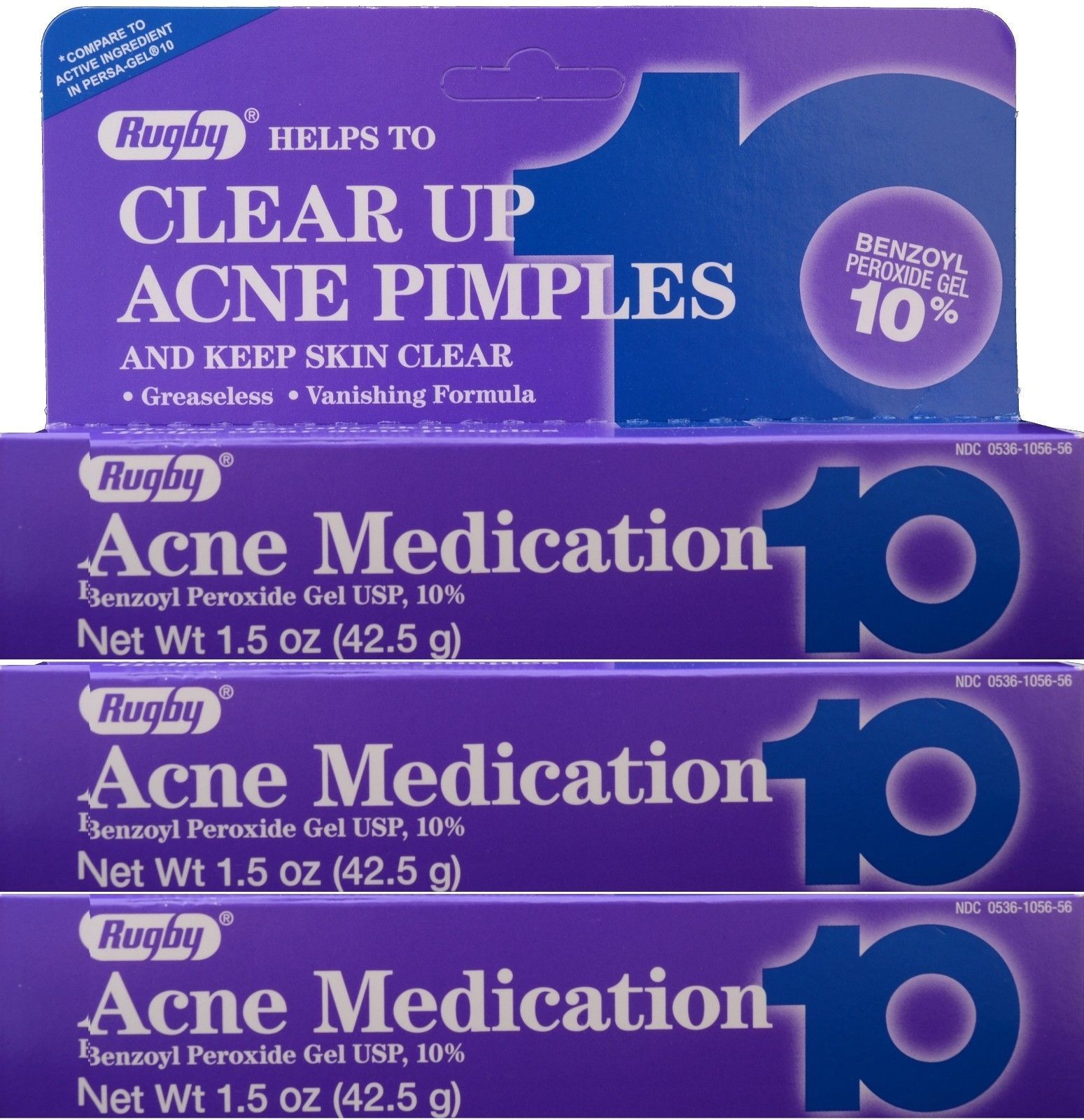 Rugby Acne Gel Benzoyl Peroxide 10% -1.5oz Tube -3 Pack -Expiration Date 11-2024