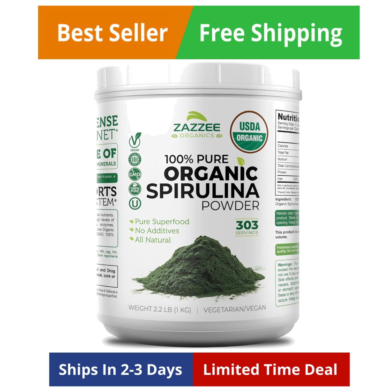 USDA Organic Spirulina Powder, 2.2 Pounds 1 KG, 303 Servings, Certified Koshe…