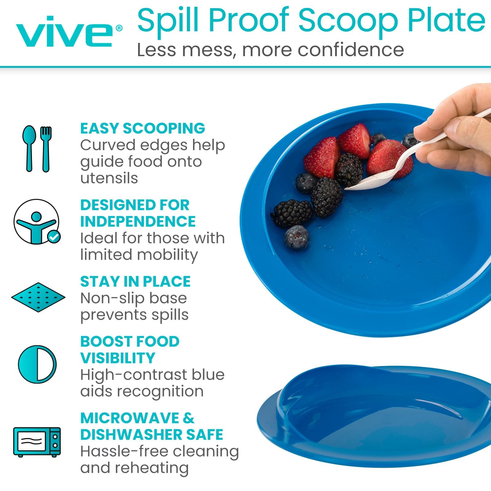 Vive Spill-Proof Scoop Plate, 9″ (2 Pack) – Dish 1 Count (Pack of 2), Blue