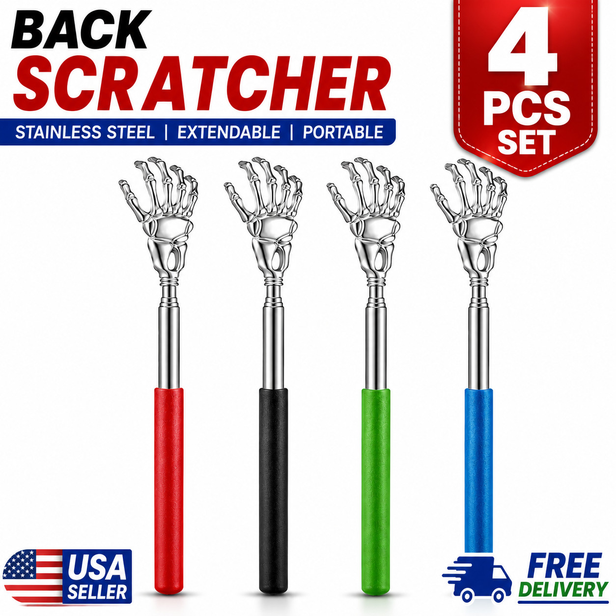 Back Scratcher (4 Pieces Set) , New Extendable Stainless Steel Portable Massager