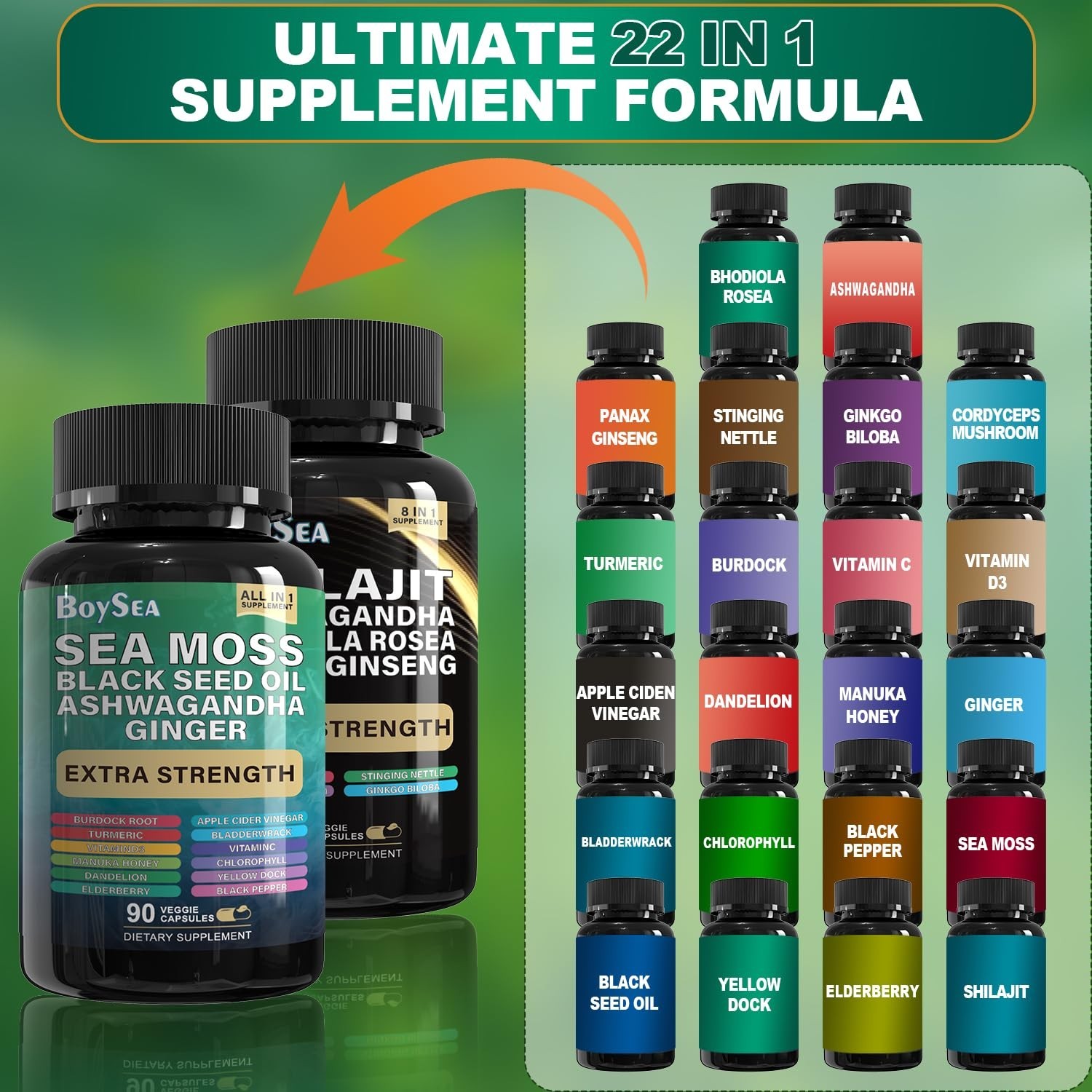 Shilajit & Sea Moss Bundle – 180 Count, Black Seed Oil, Ashwagandha, Ginger, Rho