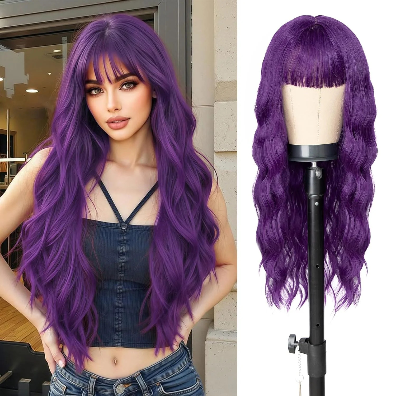 Purple Wigs for Women,Dark Purple Wig with Bangs Long Purple Wig Synthetic Fiber