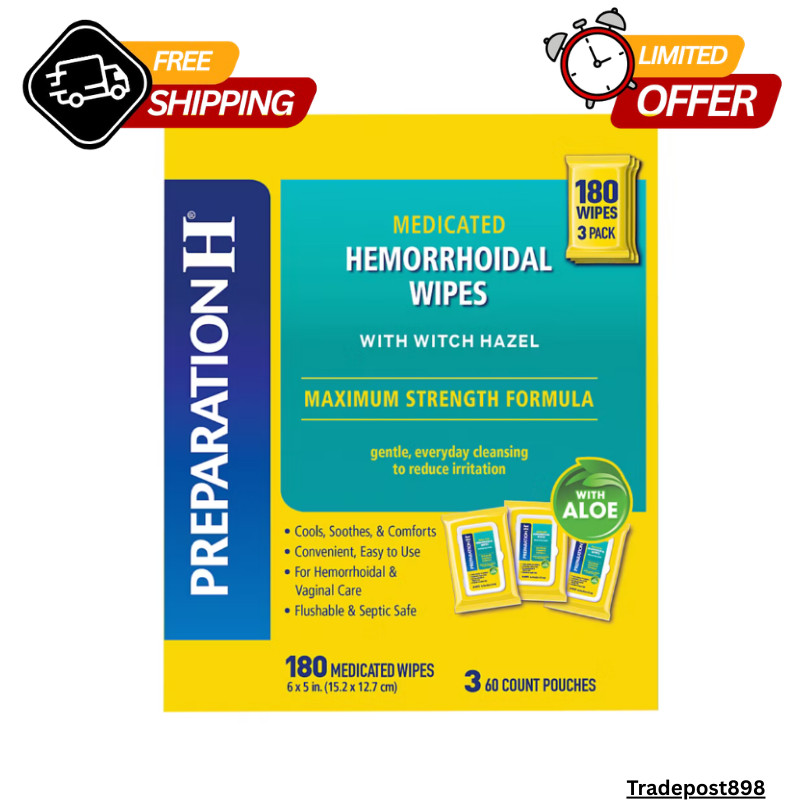 Preparation H Medicated Hemorrhoidal Wipes Witch Hazel Maximum Strength, 180 Ct