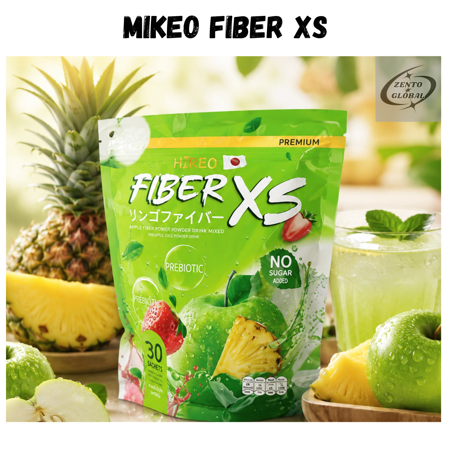 MIKEO Fiber XS Prebiotic Probiotic Detox Drink Green Apple 30 Sachets Sugar-Free