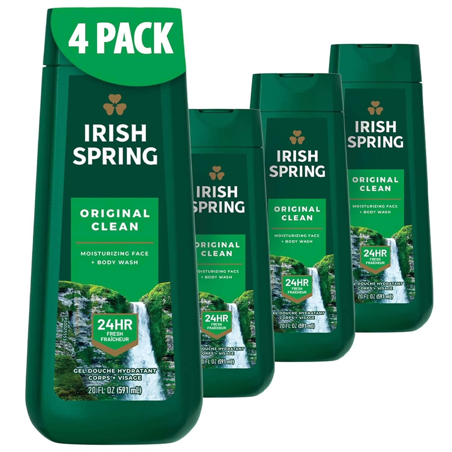 4 Pk Irish Spring Original Clean 24 Hrs Fresh Body Wash for Men, 20 Fl oz/591ML