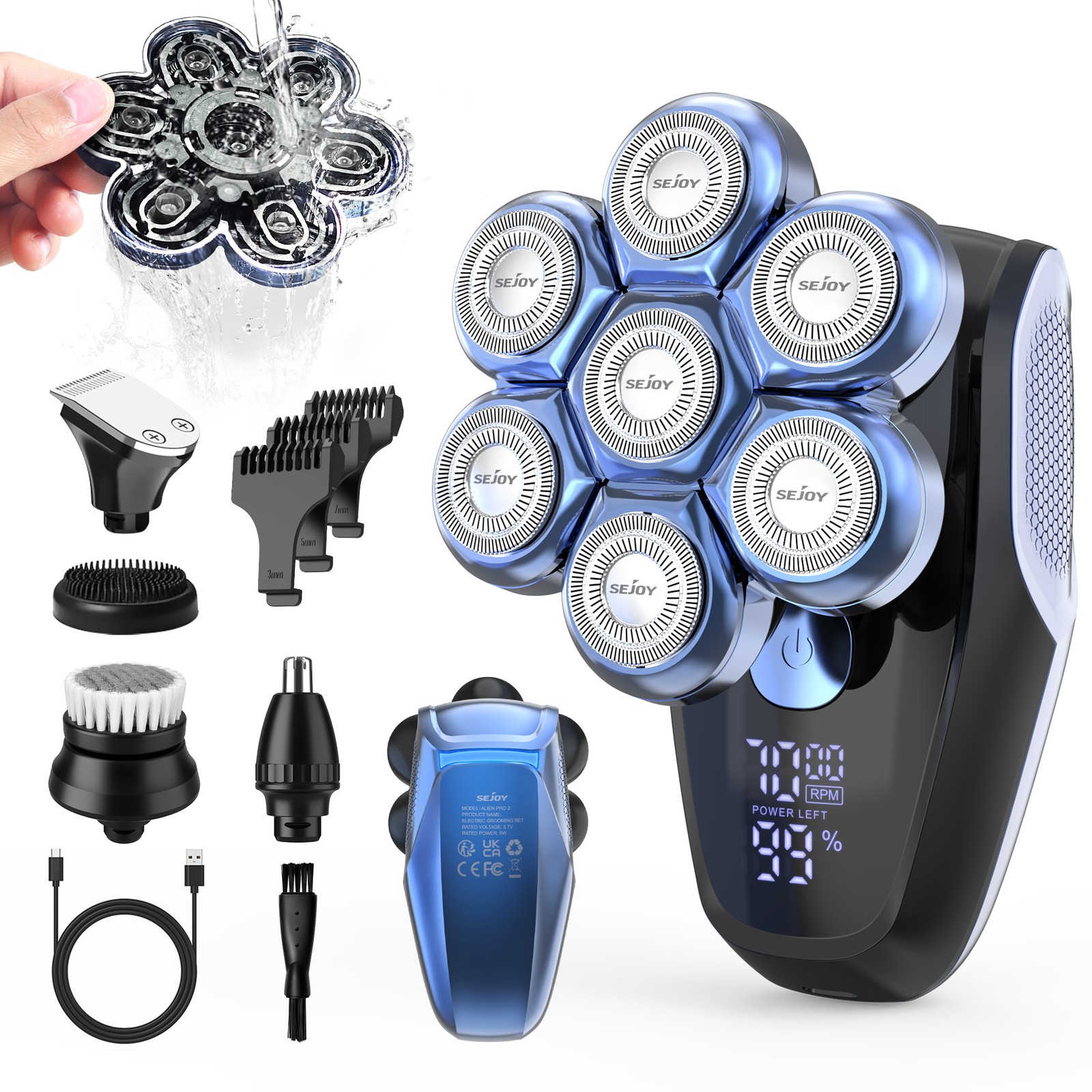 SEJOY 5-in-1 Rotary Electric Shaver 7D Rechargeable Bald Head Razor Hair Trimmer