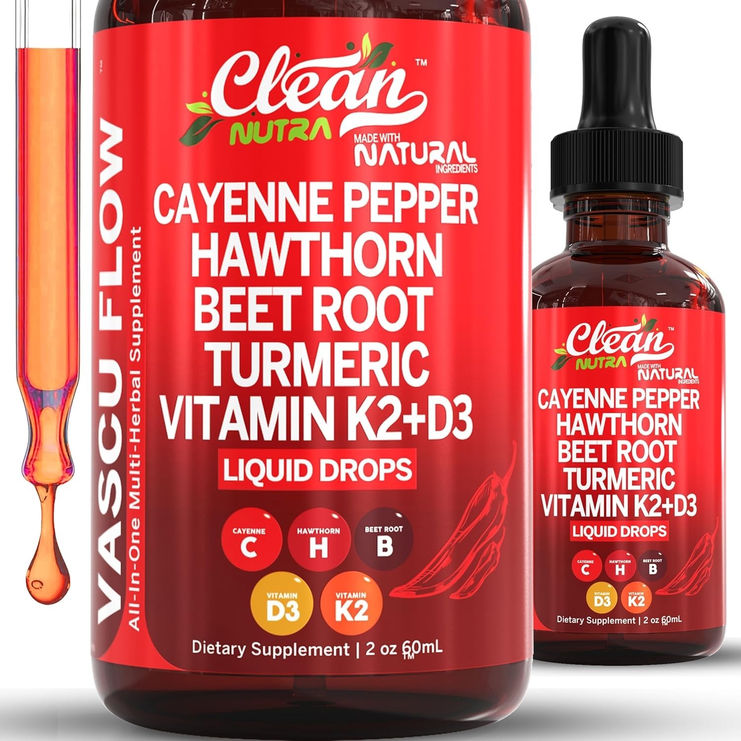 Cayenne Pepper Supplement Liquid Drops + Hawthorn Berry Vitamin D3 K2，Turmeric