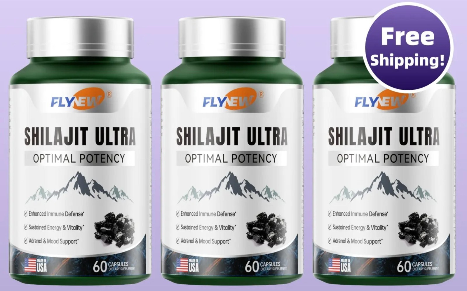 3PCS Flynew Optimal Potency | Shilajit Ultra | Adaptogen Energy Stamina Immune