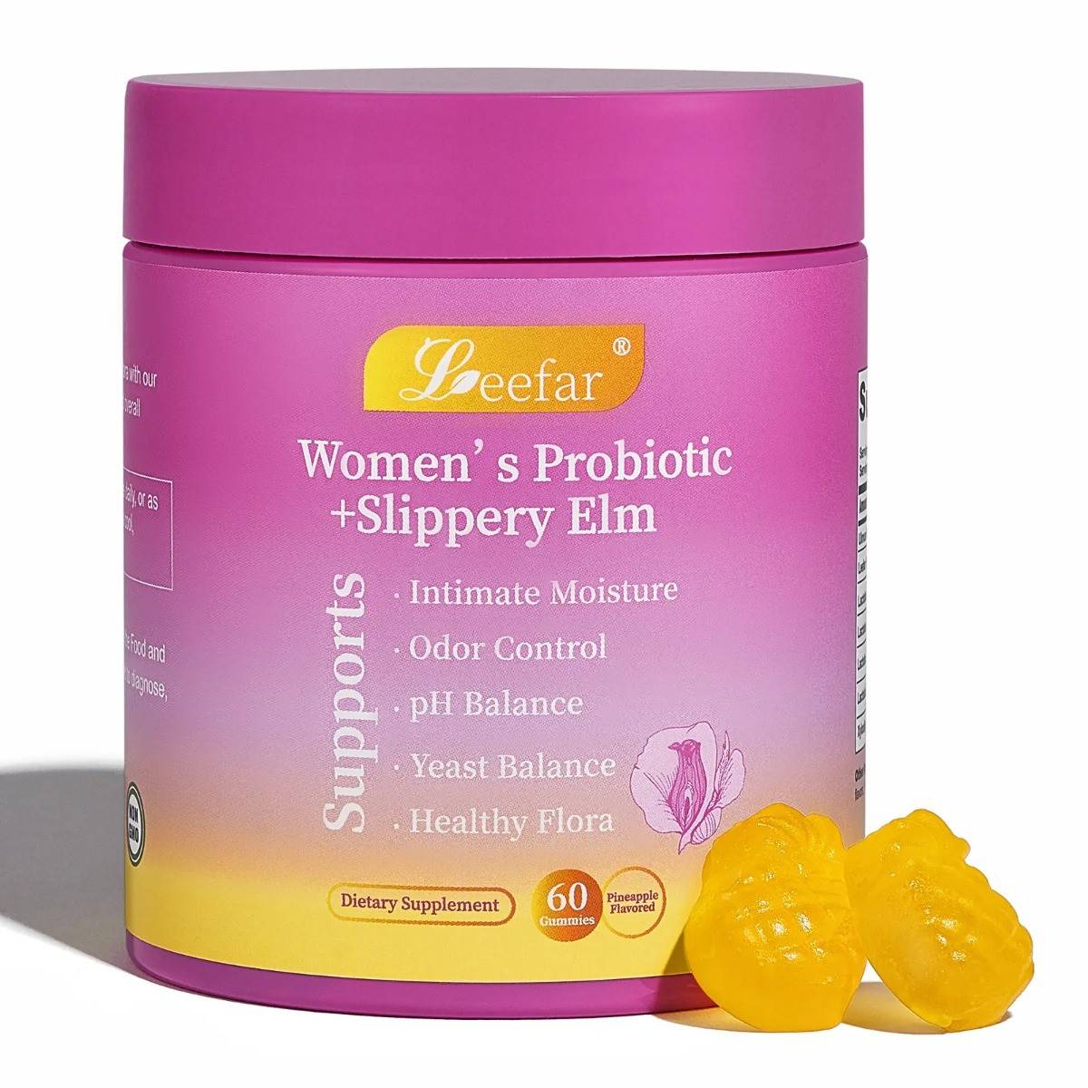 Leefar Women’s Probiotic Slippery Elm Pineapple 60 gummies exp: 07/2027