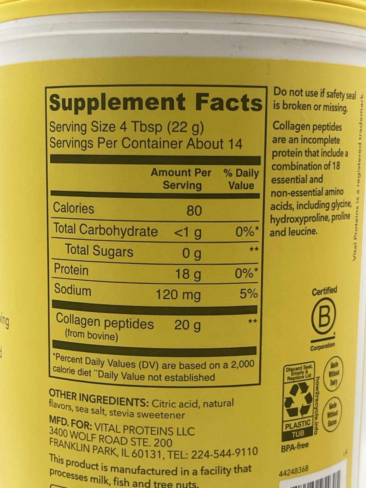 Vital Proteins Collagen Peptides Lemon Dietary Supplement 11oz EXP 05/2027