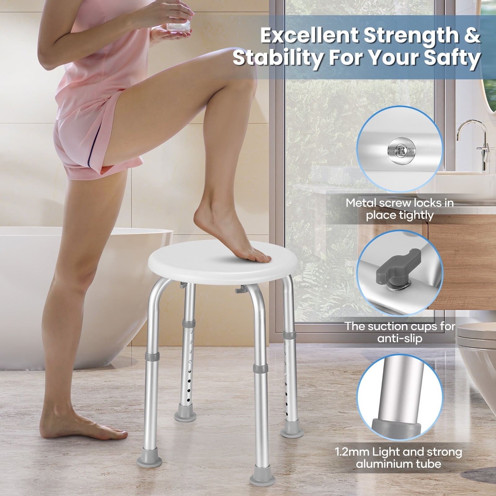 Naipo Adjustable Shower Stool Round Bath Seat Compact Tub Safety FREESHIP