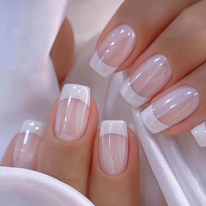 24pcs Chic French Tip Press-On Nails Kit – Glossy Aurora White & Pink, Medium Sq
