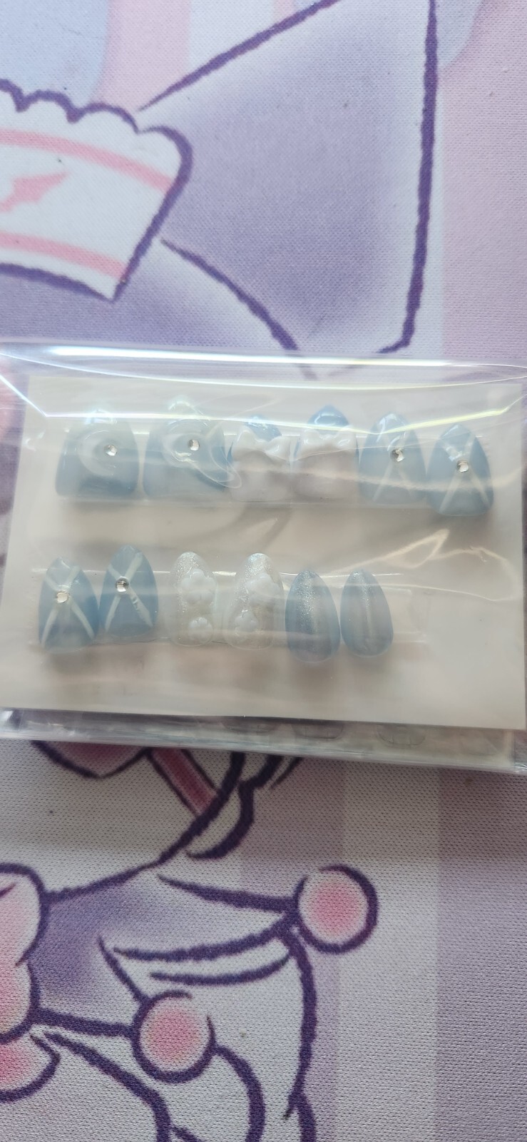 Hand Painted “Blue Princess” Extra Short Almond Length Press On Nails (size M)