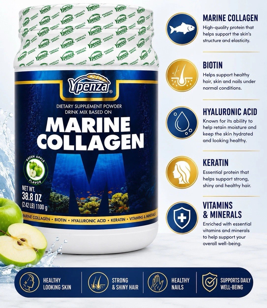 Marine Collagen Peptides Hydrolyzed for Skin Hair Nails Joint Support 2.42 LB
