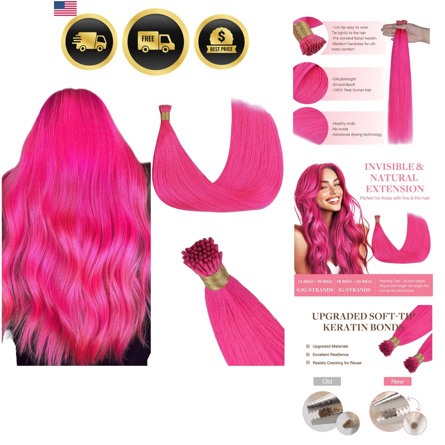 Colored I Tip Hair Extensions, Real Human Hair, 20inch 50g 50S, Cold Fusion I…