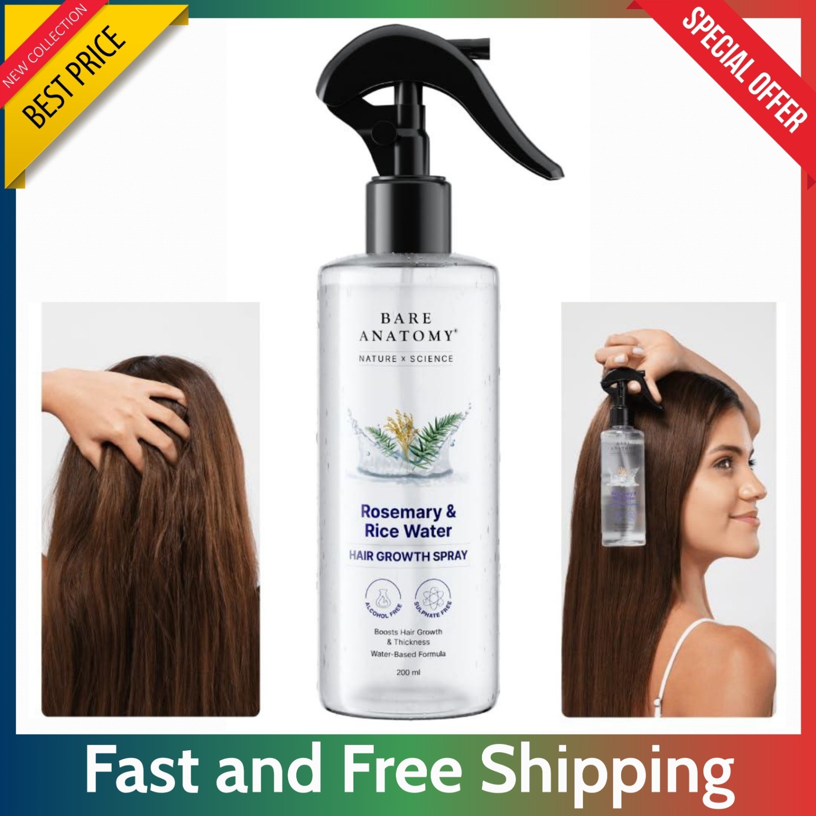 Bare Anatomy Rosemary Water Spray 200 ml – Hair Growth, Thickness and Rice Water