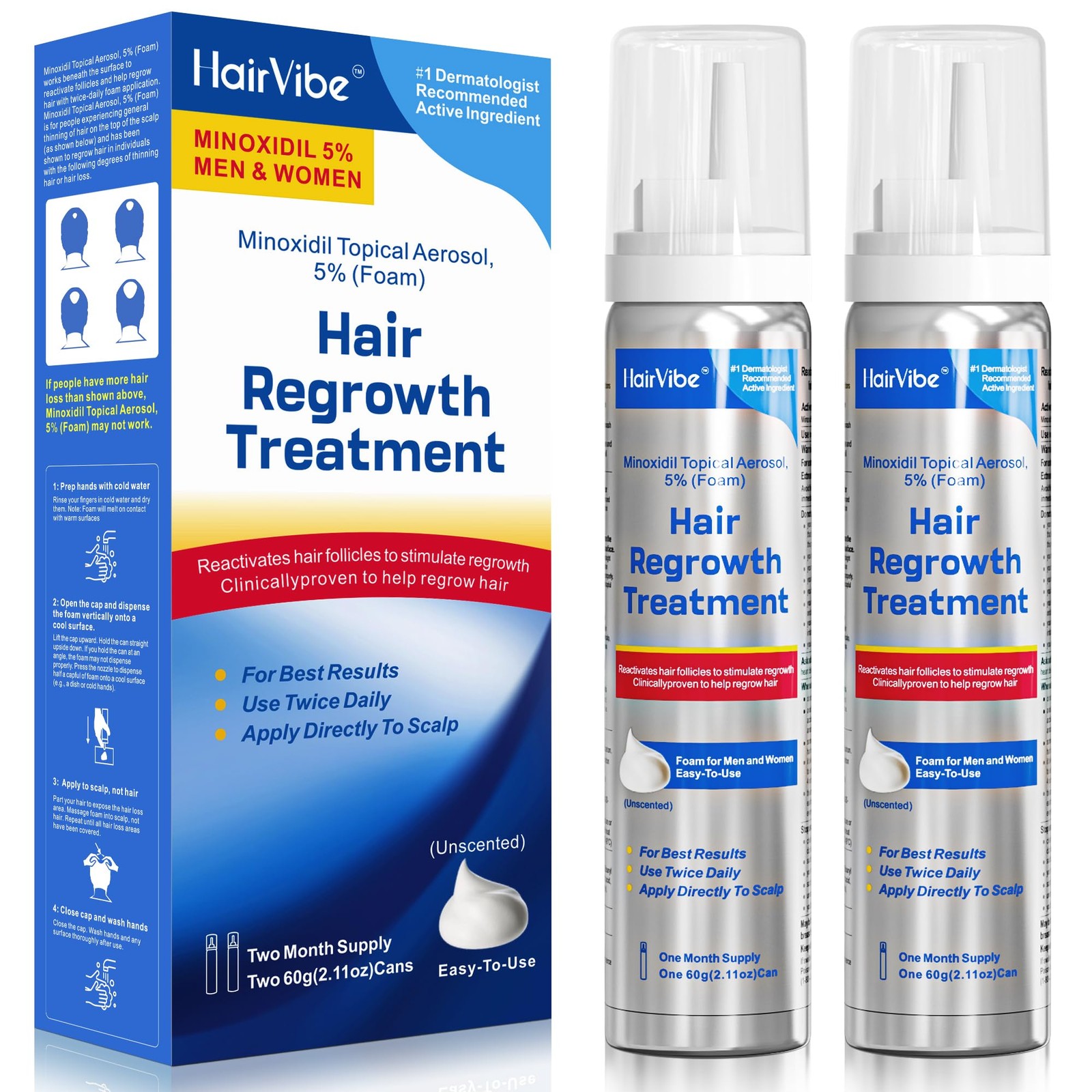 5% Minoxidil Hair Regrowth Foam with Biotin for Thicker, Fuller Men & Women