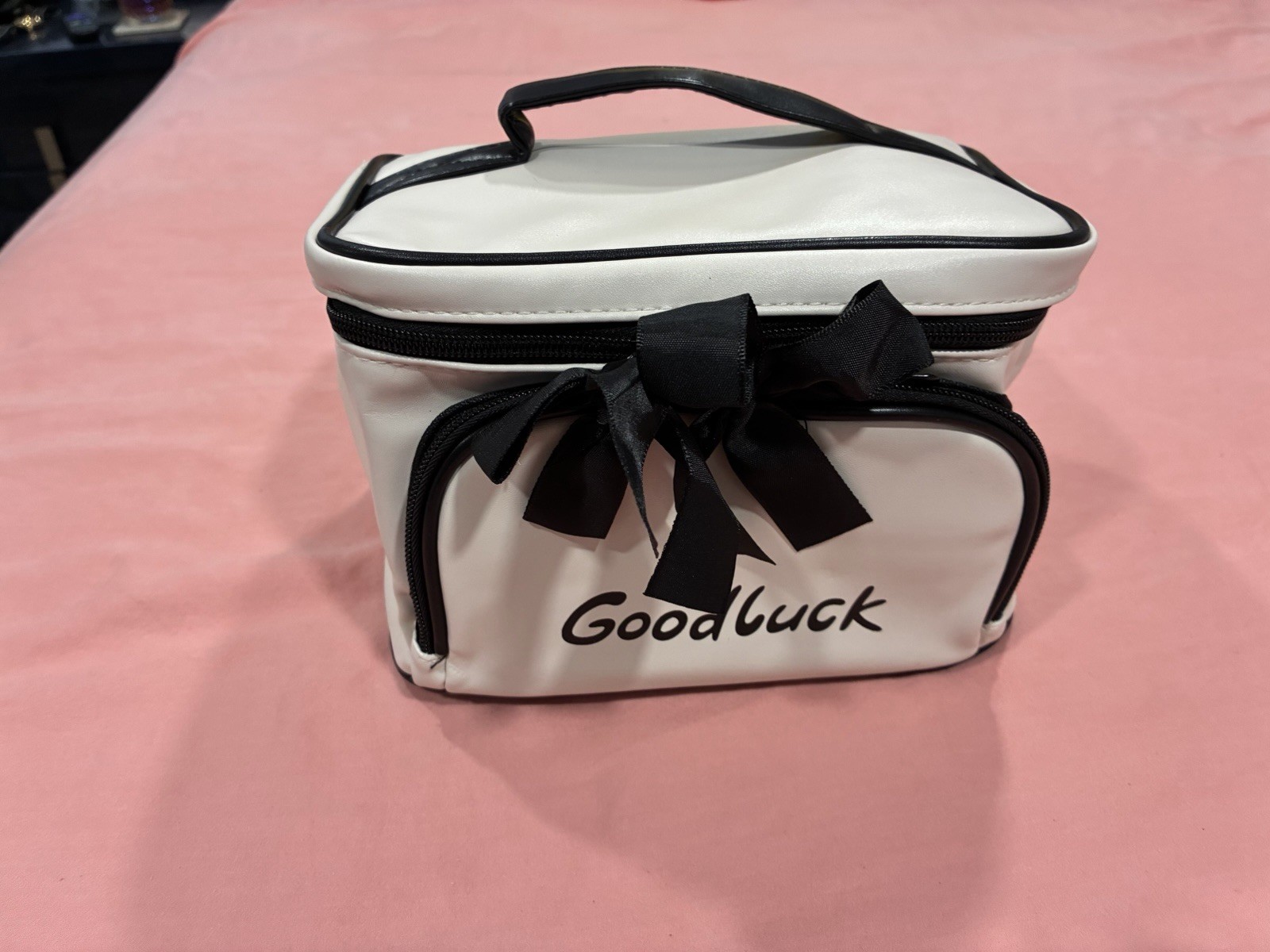 White & Black “GoodLuck” Makeup Bag with Zipper, Handle & Pockets