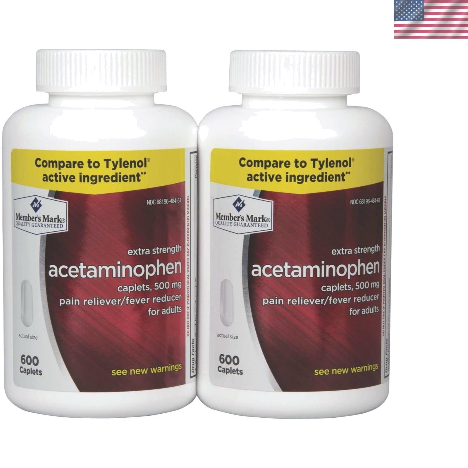 500mg Acetaminophen Extra Strength, Pain Relief Caplets, 2 Bottles of 600 Count