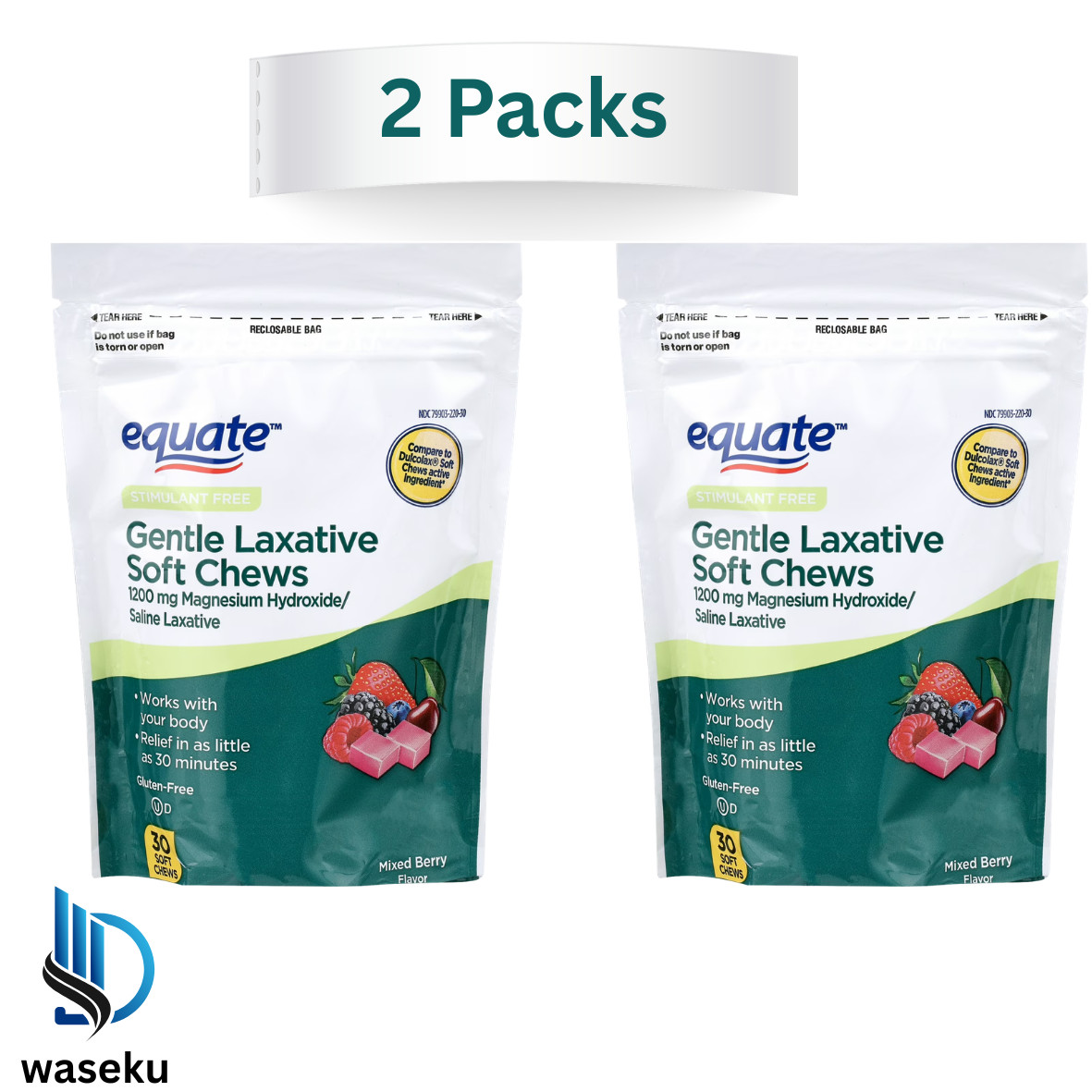 Equate Gentle Laxative Soft Chew for Constipation Relief, Mixed Berry Flavor, 30