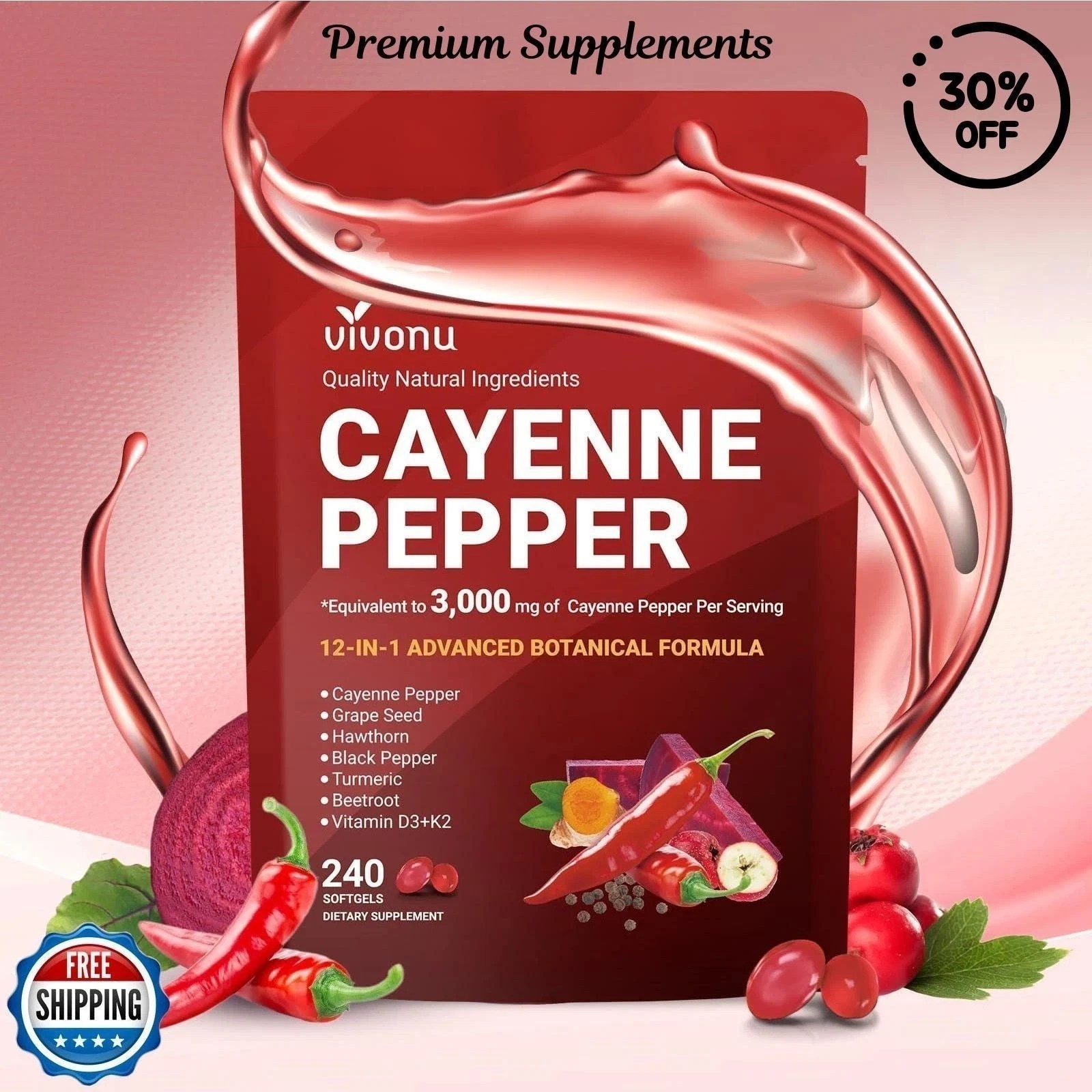 3PCS Cayenne Pepper Softgels Supplement,Supports Leg Vein,Heart and Blood Vessel