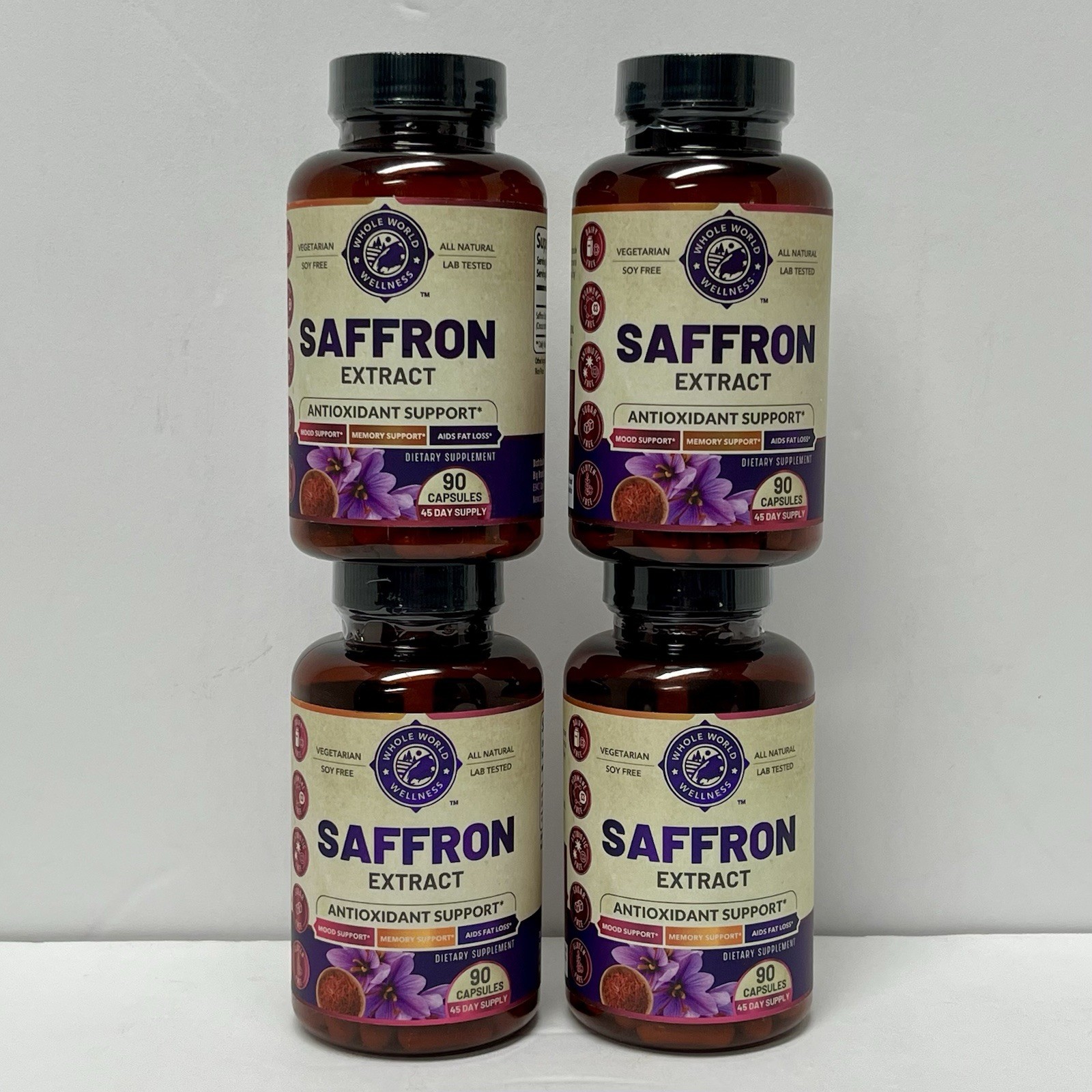 New Lot Of 4 Whole World Wellness Natural Saffron Mood Supplements. 88.5mg.