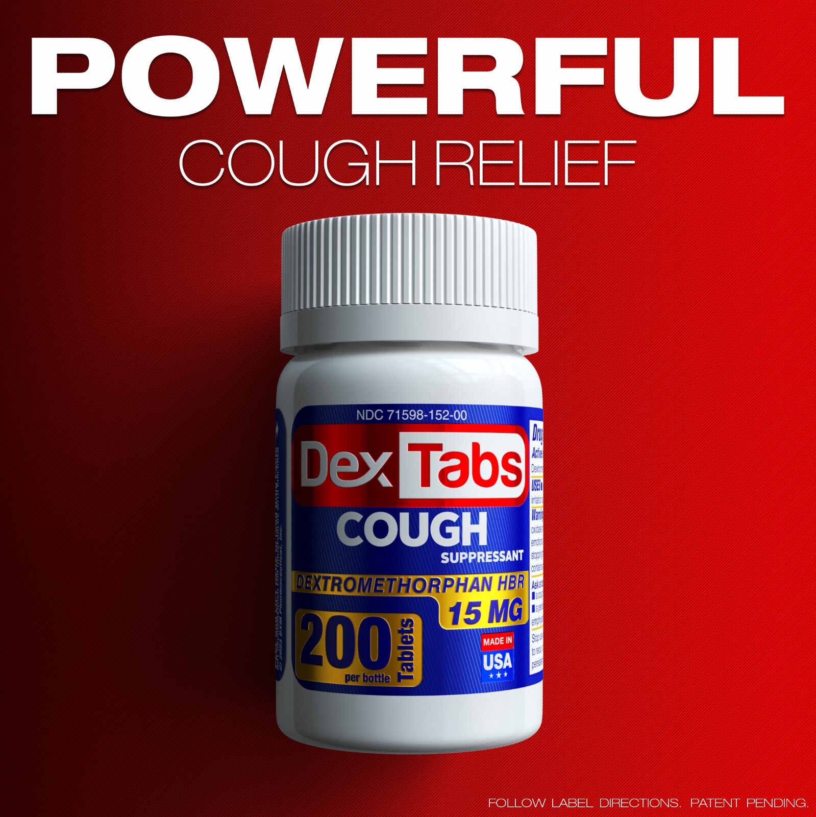 DexTabs Cough suppressant, 200 Tablets, 15 mg of Dextromethorphan HBr