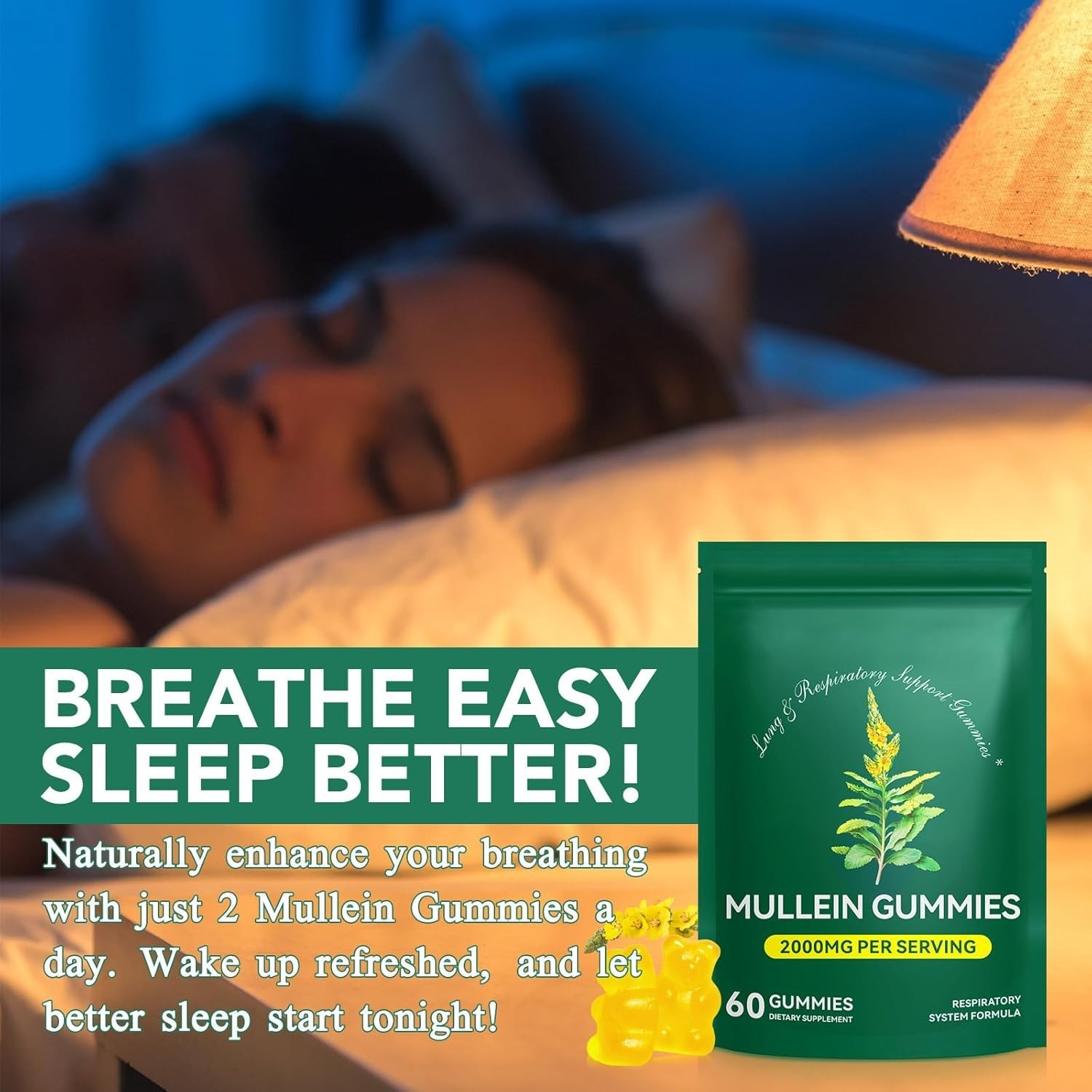 60 Count Mullein Gummies for Lung Cleanse, 2000mg Organic Mullein Leaf Extract