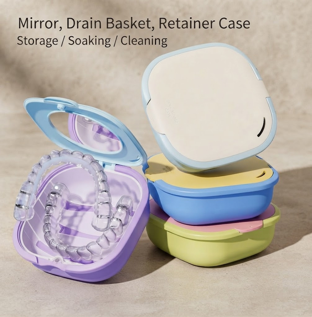 2-Pack Portable Retainer Case with Mirror Drain Basket, Blue-White Pink-Yellow