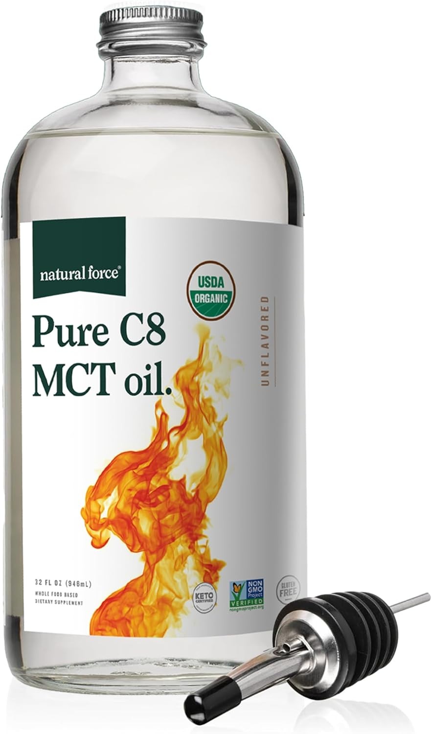 Natural Force Organic Pure C8 MCT Oil – Liquid MCT Oil in Glass Bottle Container
