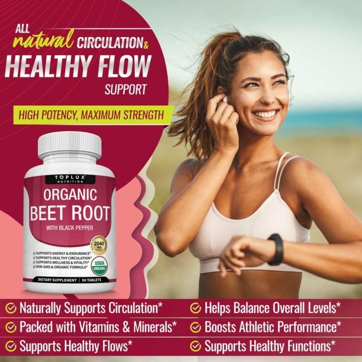 2040mg Toplux Organic Beet Root Tablets | Nitric Oxide Booster Supplement NEW