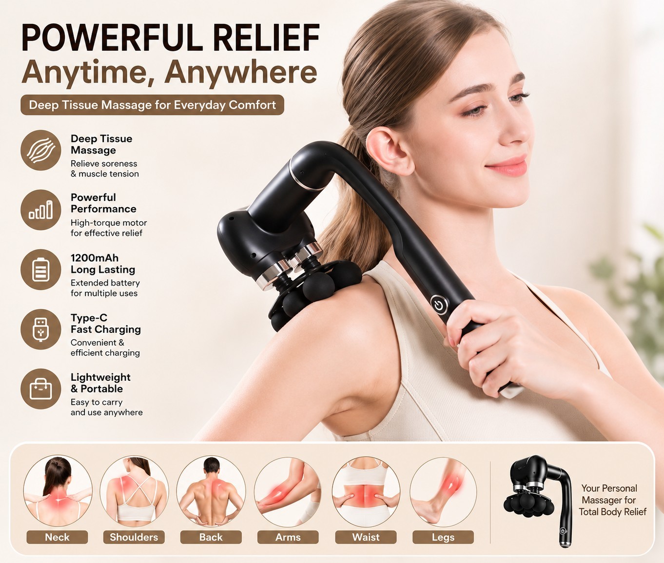 6 Head Massage Gun with Extension Handle, 12MM Massage Gun Deep Tissue, Back