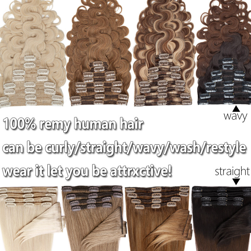 Full Head Clip In Remy Human Hair Extensions Double Wefted Thick 8Pieces 18Clips