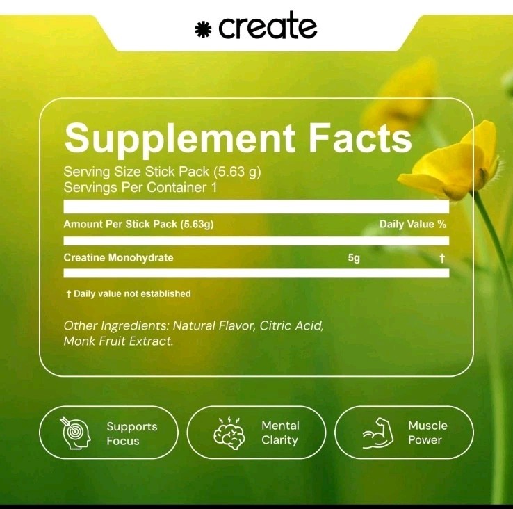 Create Creatine Monohydrate Powder Unflavored 30ct On-The-Go Stick Packs 08/2027