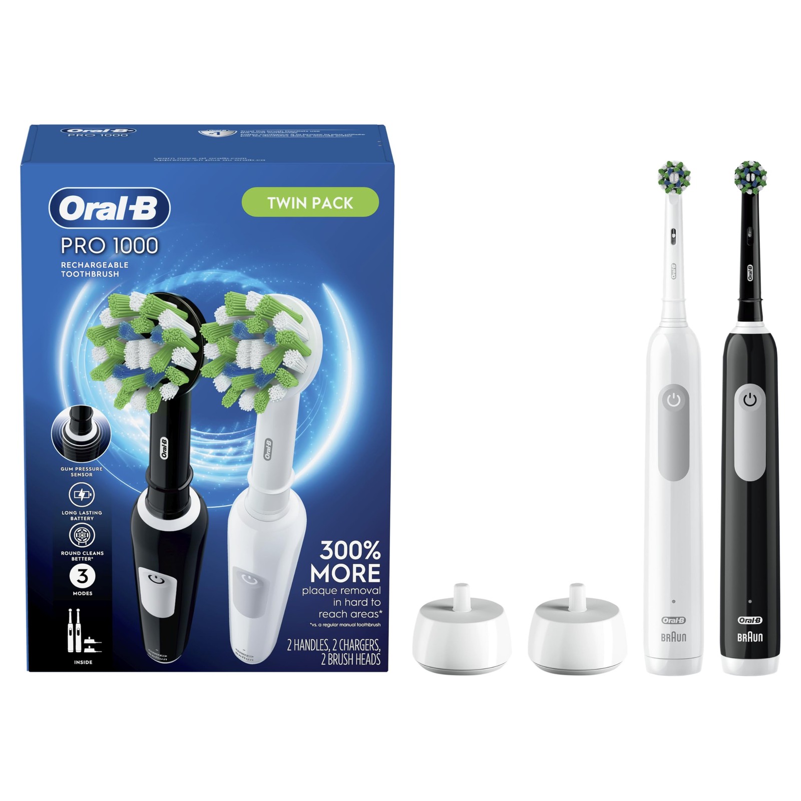 Oral-B Pro 1000 CrossAction Electric 2 Count (Pack of 1), Black & White