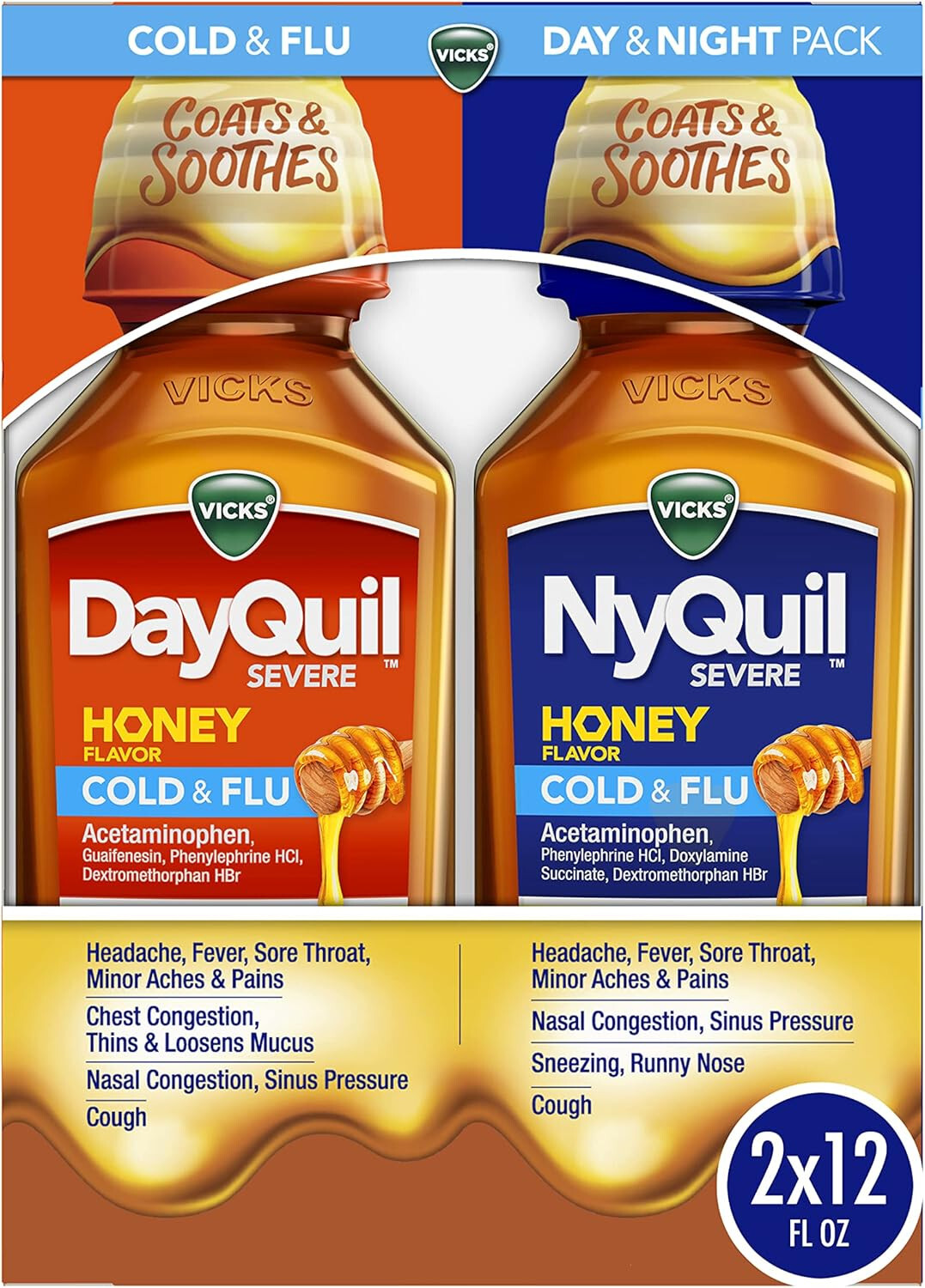 NEW Vicks DayQuil & NyQuil SEVERE Honey, Cold & Flu Relief, 2x12oz Co-Pack