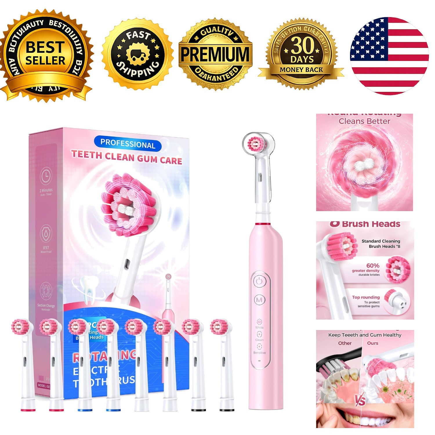 Rotating Electric Toothbrush Rechargeable Pink 8 Brush Heads 3 Modes Timer
