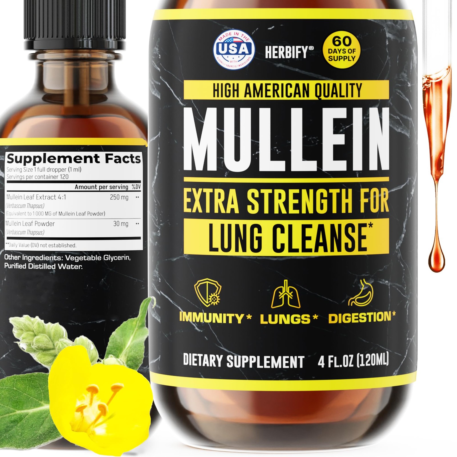 HERBIFY Mullein Drops – Lung Cleanse – Leaf Extract – Powerful Mullein for Immun