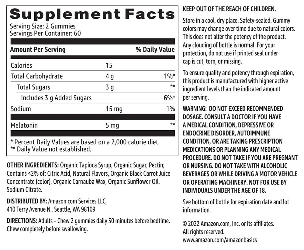 Amazon Basics Melatonin Gummies 5mg Sleep Support 240 Count Vegan Gluten-Free