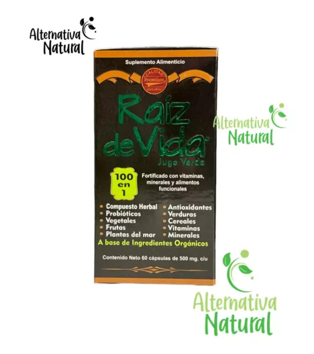 RAIZ DE VIDA jugo verde – 100 en 1 – 60 caps de 500 mg – para defensas bajas