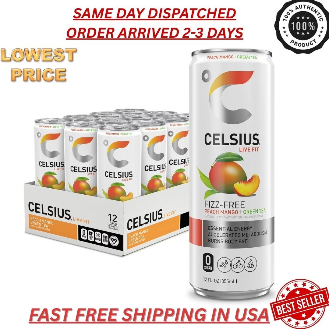 CELSIUS Fizz Free Peach Mango Green Tea Functional Energy Drink 12 fl oz 12 PACK